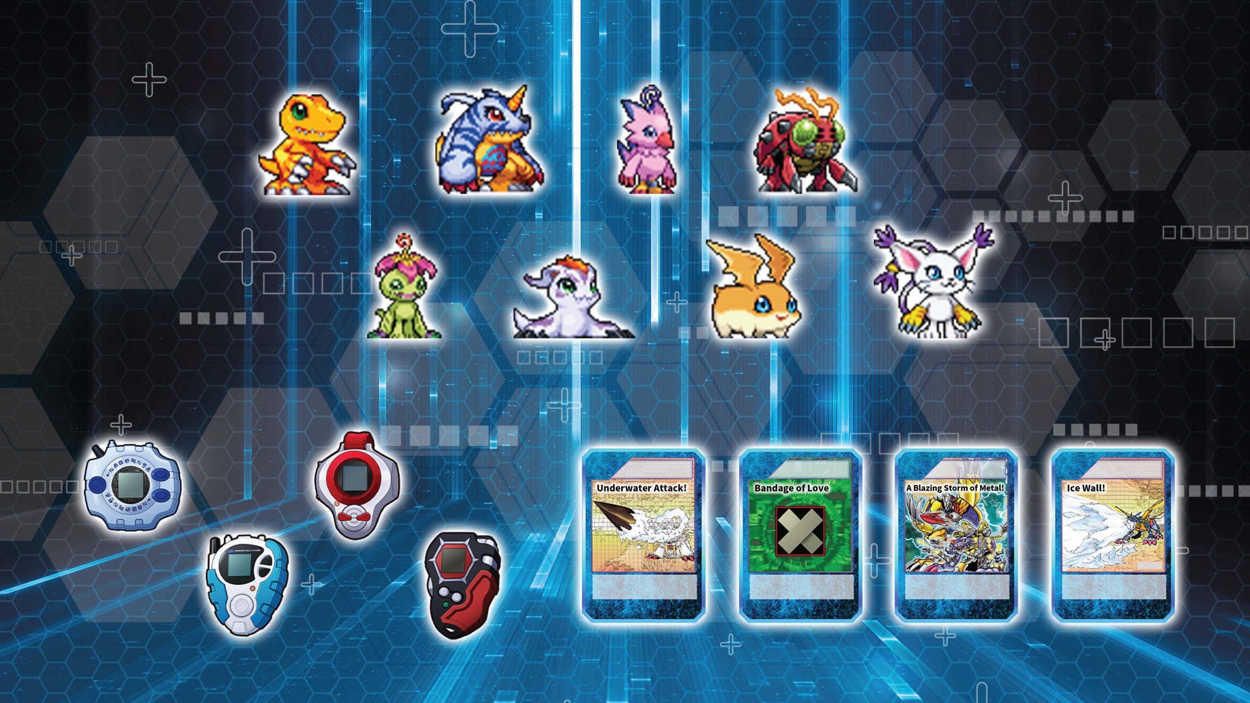DIGIMON UP pixel partners, Digivices, and Skill Cards